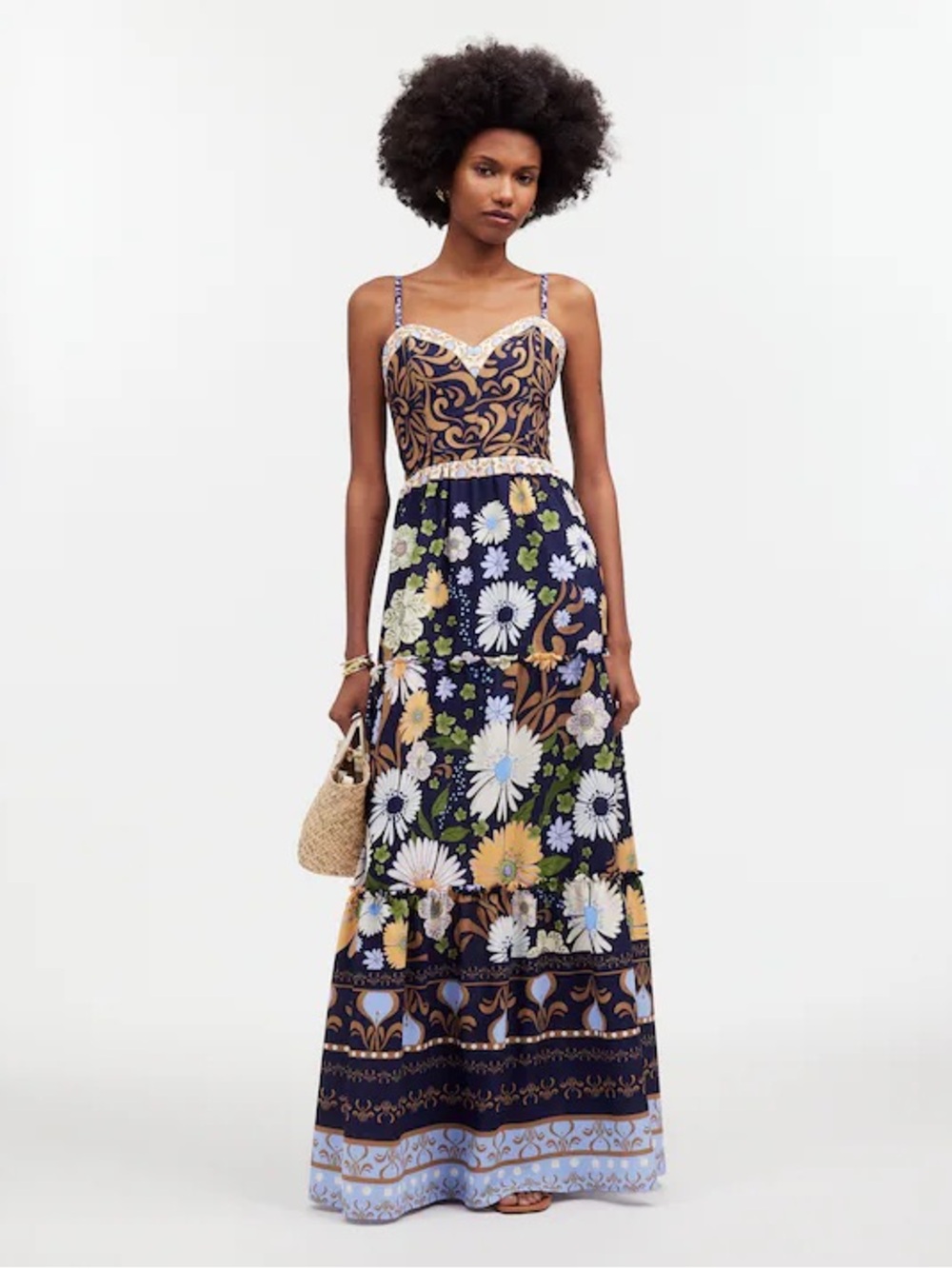 Agua Bendita Navy Floral Maxi Dress with White, Yellow, Green Accents